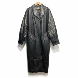 80s Khun Khun London Leather Coat Silver Etched Detail, Oversized Art-to-Wear